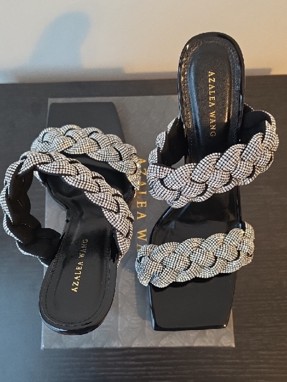 Azalea Wang Grace Black Braided Crystal Heeled Slides, 4.5" - Picture 6 of 9